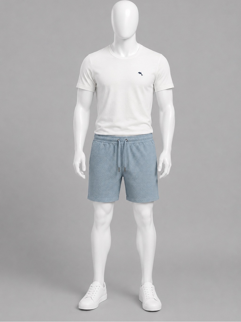 Men Light Blue Waffle Knit Drawstring Shorts